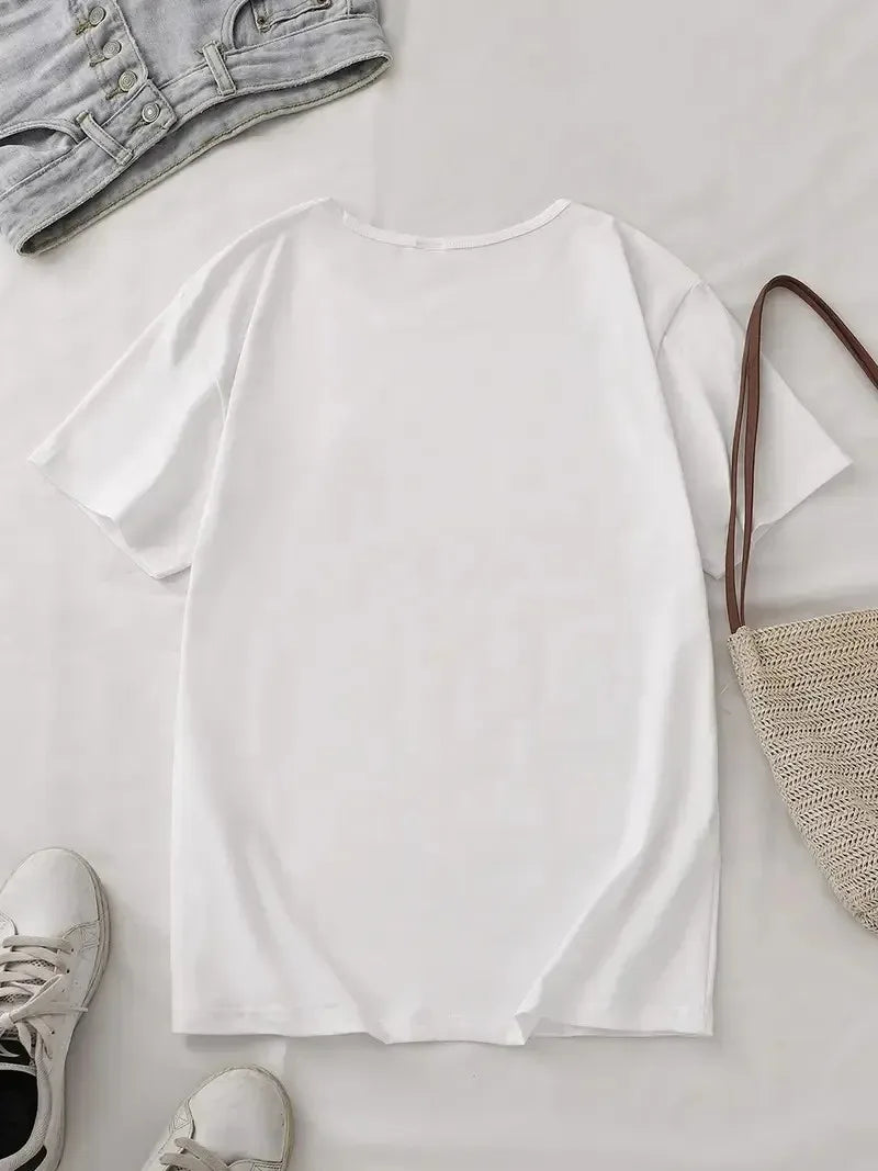 Blau gestreiftes und rot herzförmiges Grafik-T-Shirt für Damen – locker sitzendes Freizeitshirt für Frühling und Sommer, alltagstauglich, leicht zu tragen, modisches Oberteil