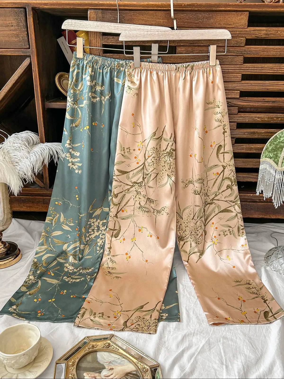 Damenhose, elastische Taille, Vintage-Blumenmuster, Pflanzendruck, elegant, bequem, 2025, Neuankömmling, dünne Hose, stilvoll, entspannend, Zuhause