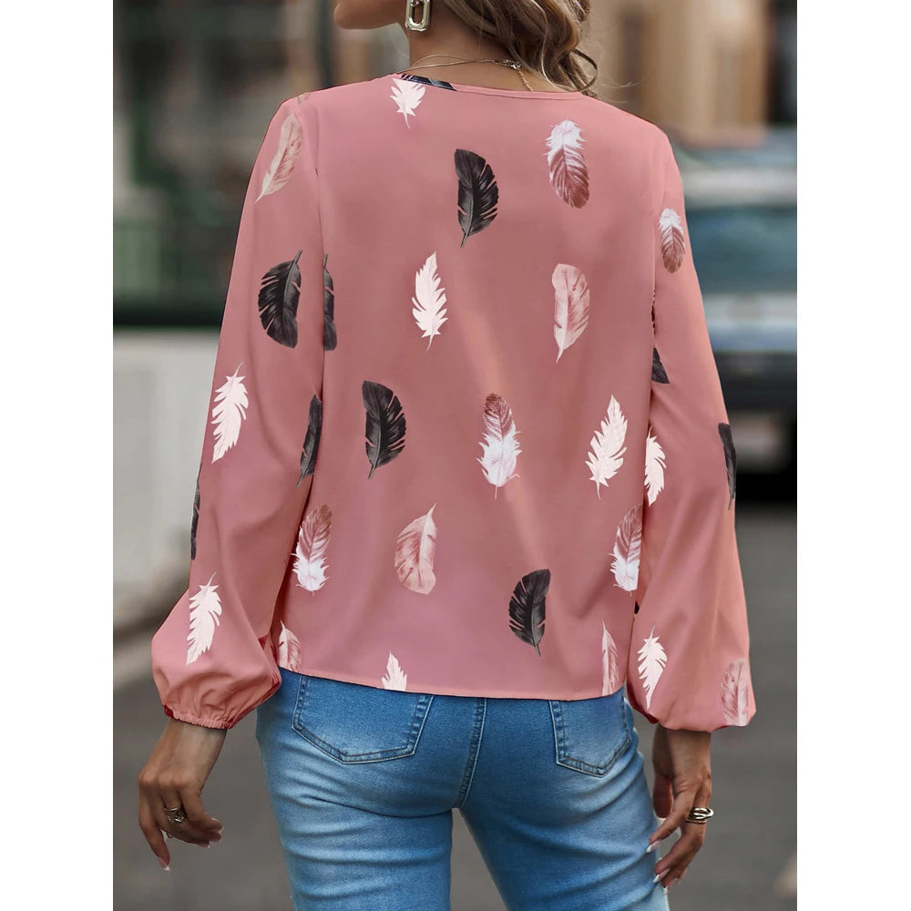 Mode Frau Bluse Shirts Für Frauen Stilvolle Top langarm Feder Muster Weibliche Tops Elegante Chiffon Mujer Frau Kleidung