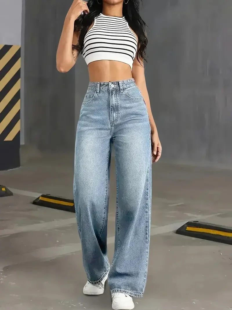 Y2k Jeans für Damen Klassisch Blau Elastisch Gerades Bein Schlichtes Design Retro-Stil Dehnbare Denim-Hose