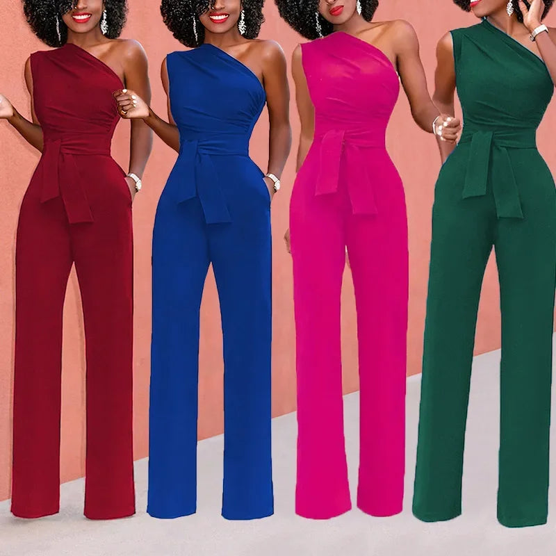 Damen-Overall, einfarbig, Skew-Kragen, bauchfreies Top, gerade Hosen, Gürtel, sexy, ärmellos, lockere Hosen, elegante, charmante Playsuits 2024