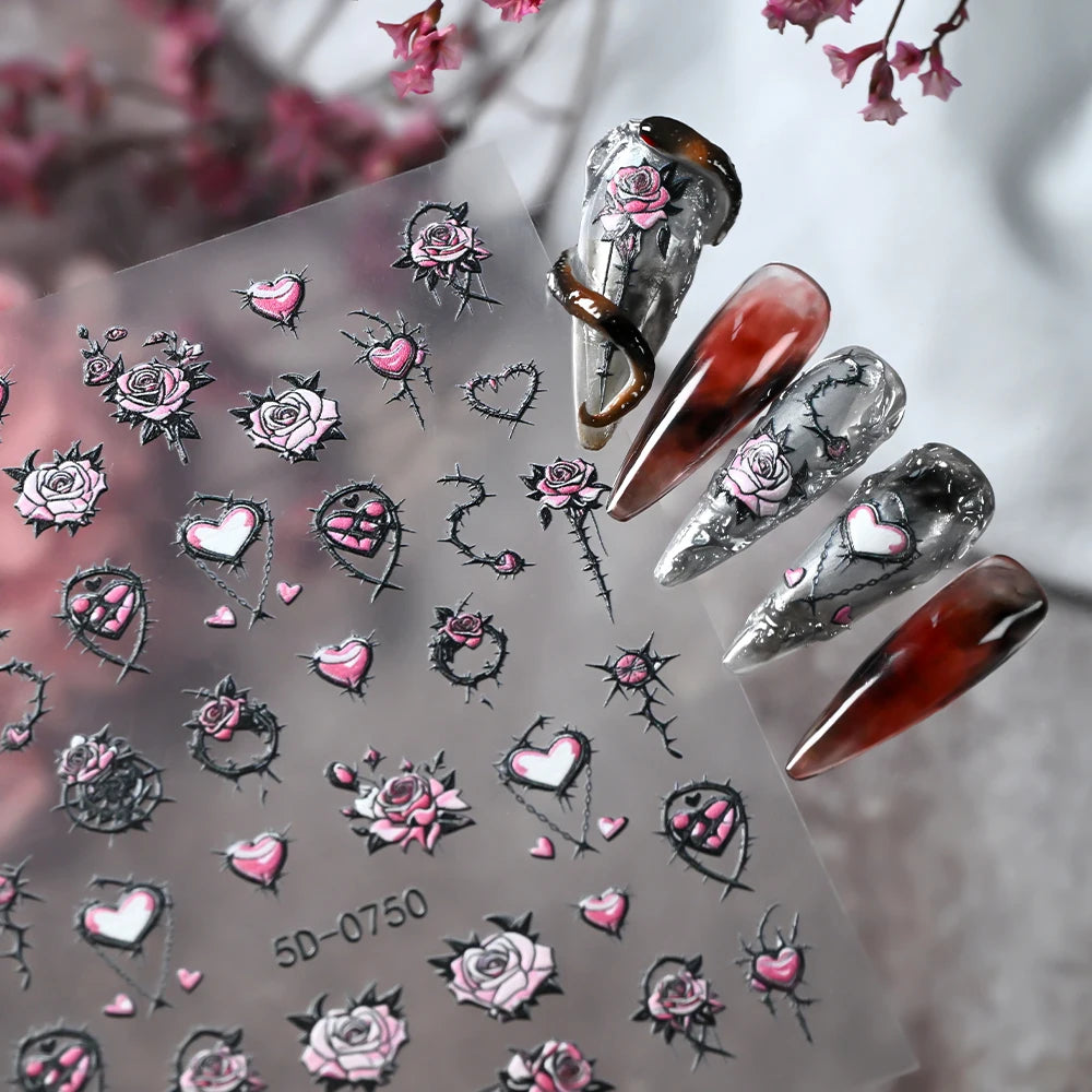1 Stück Dunkle Sexy 5D Geprägte Dornen-Rosen-Nagelaufkleber Selbstklebende Gotische Rosa Rosen-Herz-Liebe Nagelsticker Y2K Punk Maniküre-Deko