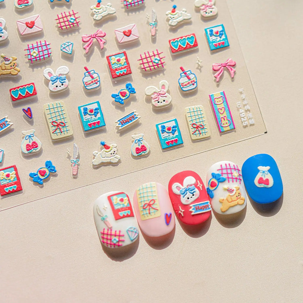 1pc 5D Relief Graffiti Nail art Aufkleber Kaninchen Hund Bär Bogen Nagel Aufkleber Cartoon Thema Selbst-Klebe Aufkleber für DIY Maniküre *