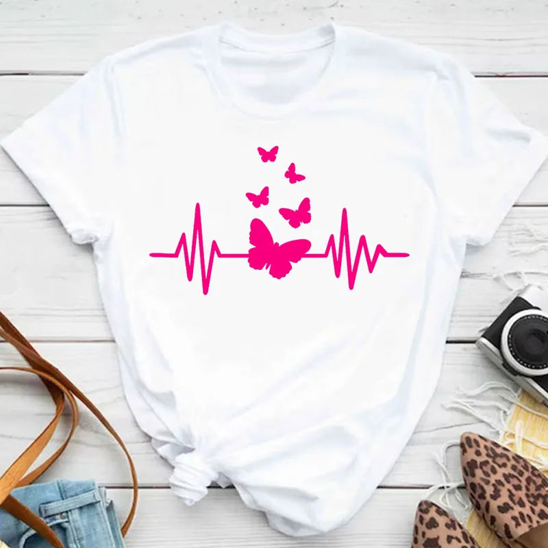 Neue blaue Schmetterling Blumen gedruckt T-Shirt Frauen Sommer lässig Kurzarm O-Ausschnitt Tops 90er Jahre Mode Grafik weibliche Tops T-Shirts