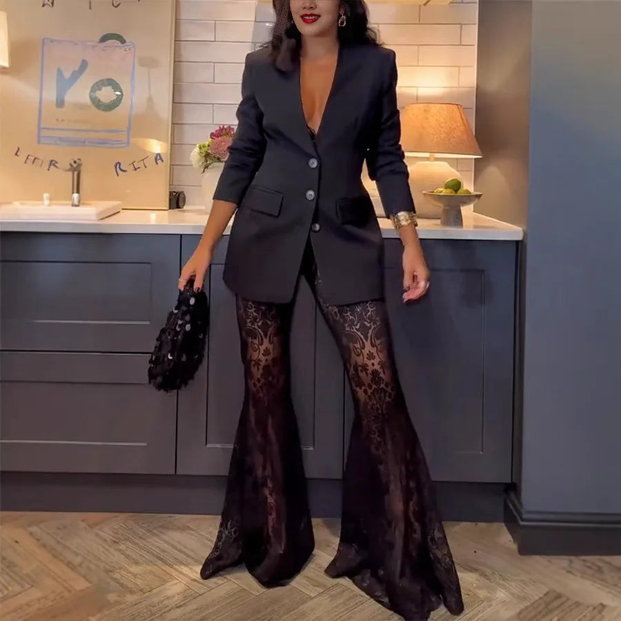 Frauen Mode Elegante Blazer Jacquard Spitze Hosen Sets Schlank Taste Volle Hülse Anzug Jacke Lange Flare Hosen Dame Party Outfits