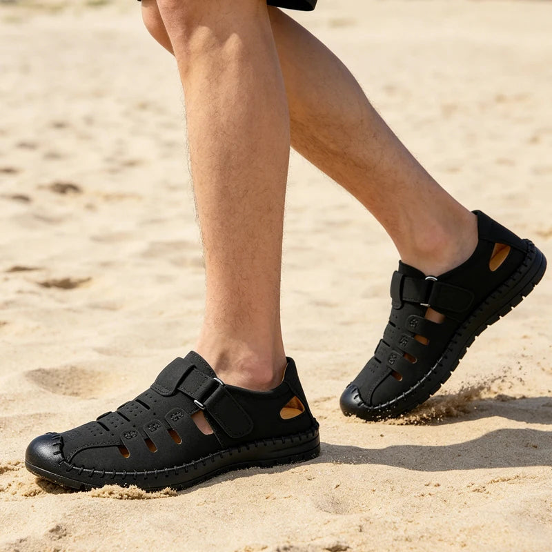 Herren Sommer-Halbschuhe aus Leder mit Lochmuster, atmungsaktiv, bequem, rutschfest, weiche Sohle, Outdoor-Freizeitschuhe - 1375