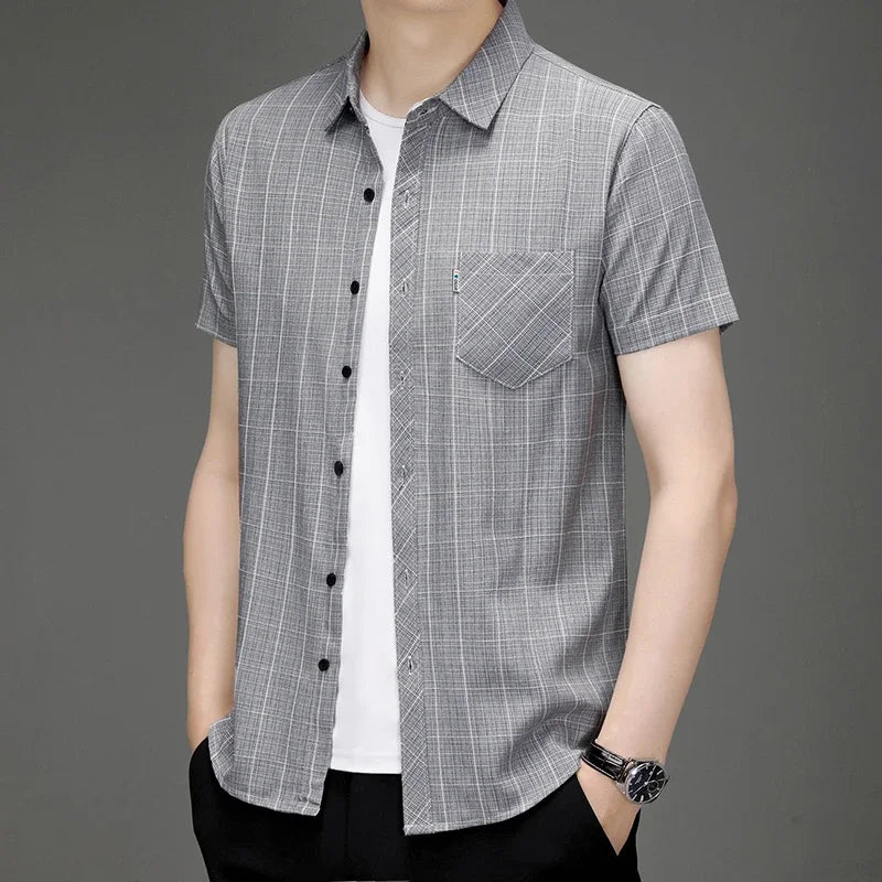 Neues, kurzärmliges, bedrucktes Business-Casual-Hemd für Herren mit Faltenbeständigkeit, kein Bügeln, bequemes, vielseitiges Oberteil für die ganze Saison
