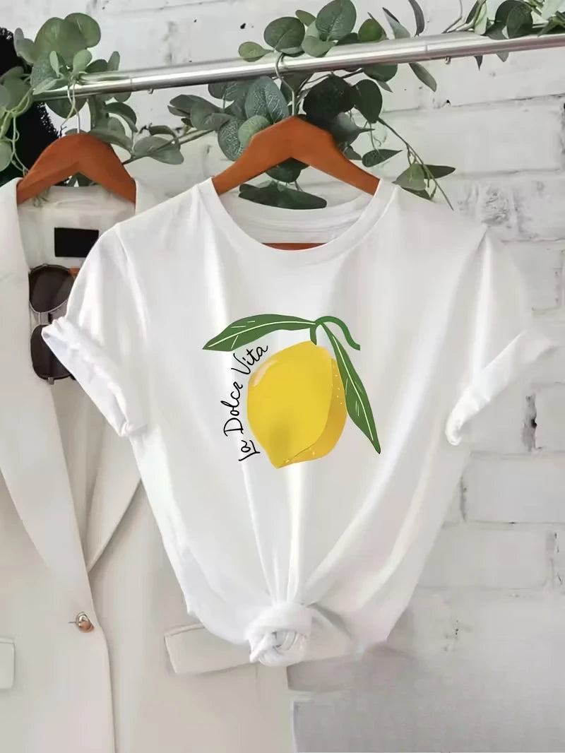 Damen-T-Shirt mit Zitronenmuster – leicht und atmungsaktiv, kurzärmelig, weiß mit gelbem Zitronen-Design, perfekt für Freizeitkleidung