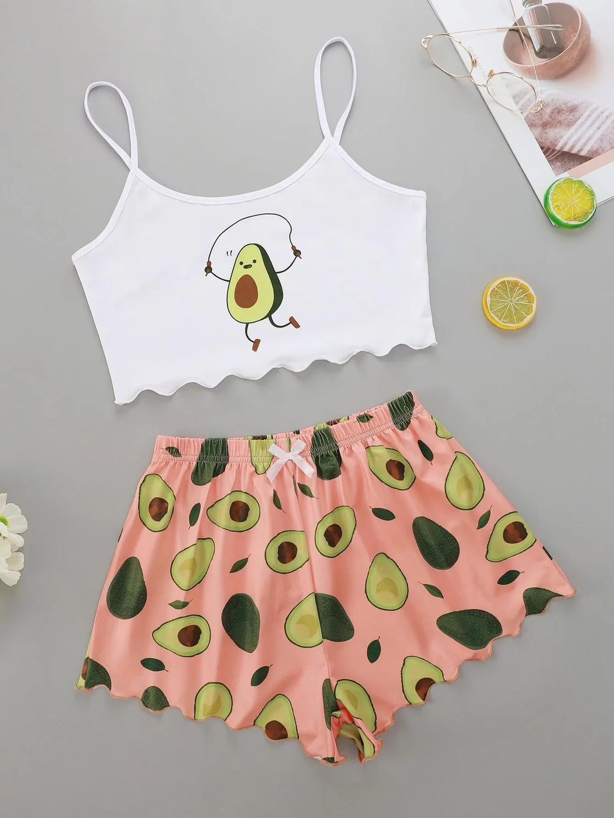 Sommer-Pyjama-Set mit Avocado-Druck für Damen, lässiges Leibchen mit Shorts, sexy Dessous, Nachthemd, Homewear, Nachtwäsche, Unterwäsche