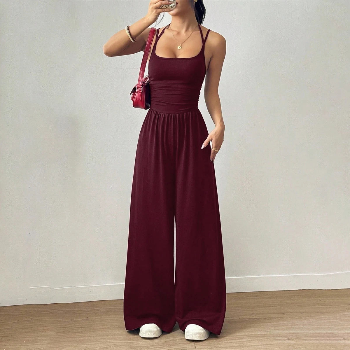 Damen-Jumpsuit mit Neckholder, geraffter Taille, U-Ausschnitt, weitem Bein, einfarbig, Sommer 2026, Alltagskleidung, Freizeit, für Büro und Studenten