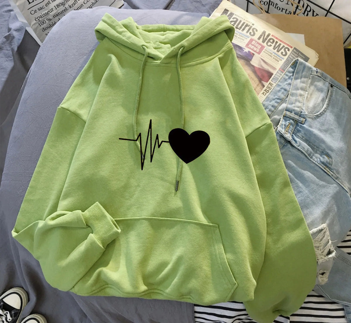 Bedruckter, locker sitzender Kapuzenpullover mit Taschen, Oversize-Winter-Kapuzenpullover für Damen, langärmelige Freizeitoberteile