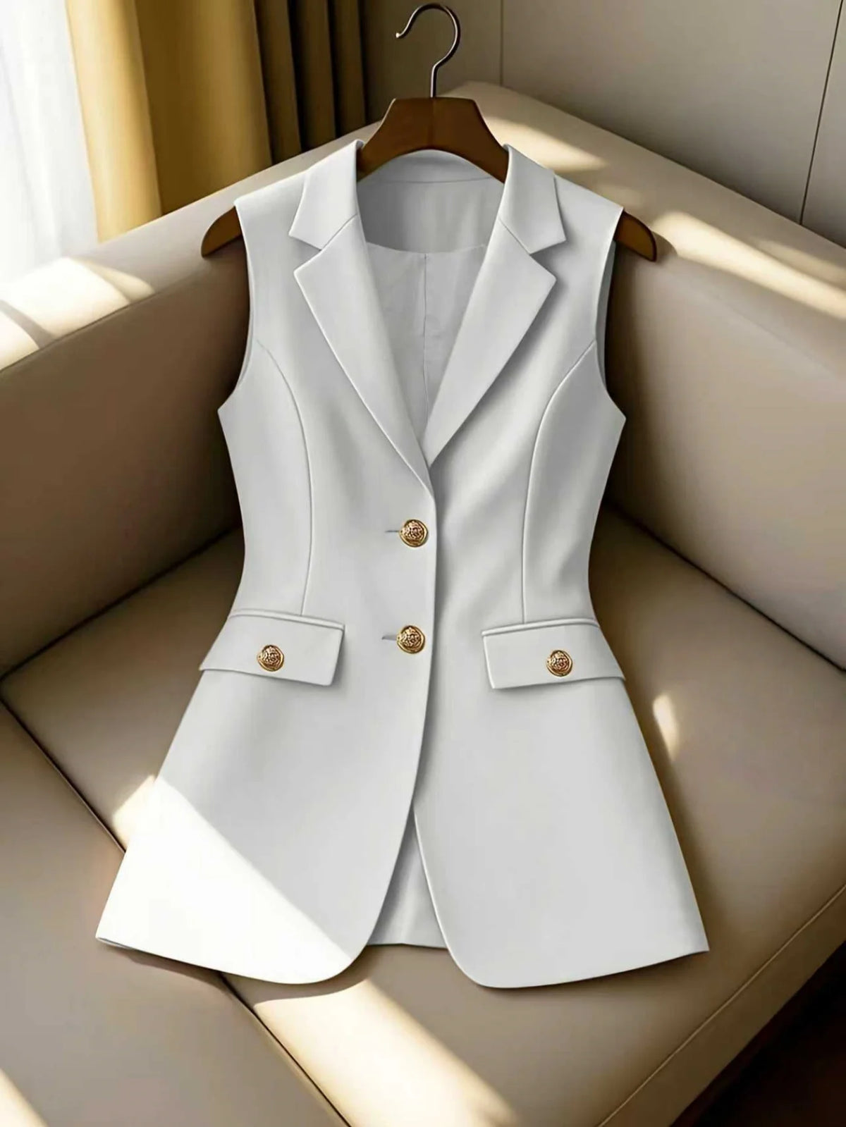 Lange Blazer-Weste für Damen, ärmellos, Reverskragen, Anzugweste mit goldenen Knöpfen für Business, Büro, Oberbekleidung, Oberteil