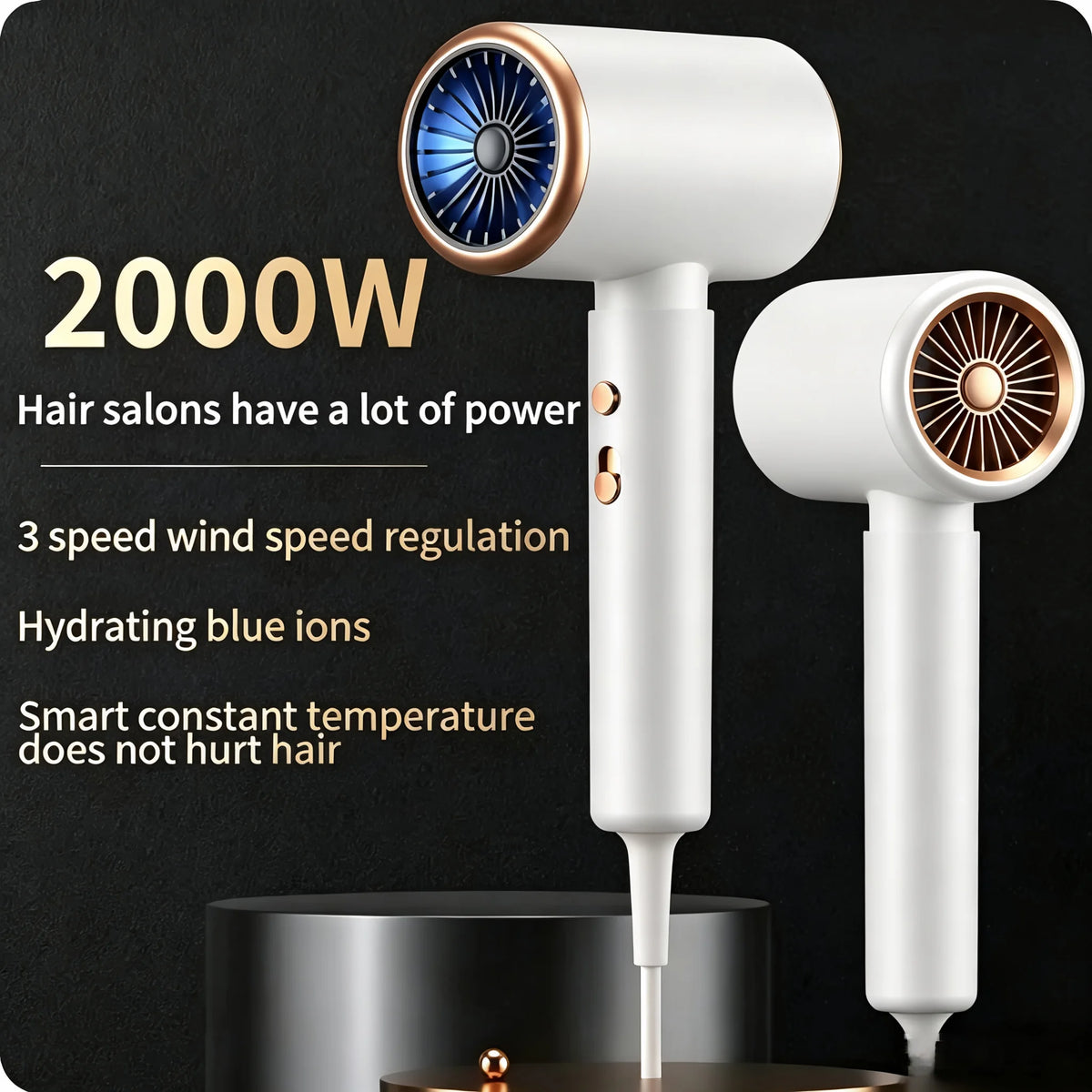 2000W Professioneller Salon-Haartrockner mit Negativionen-Technologie, Heiß-Kalt-Luft, 5 Geschwindigkeitsstufen, Starker Leistung und Styling-Kamm