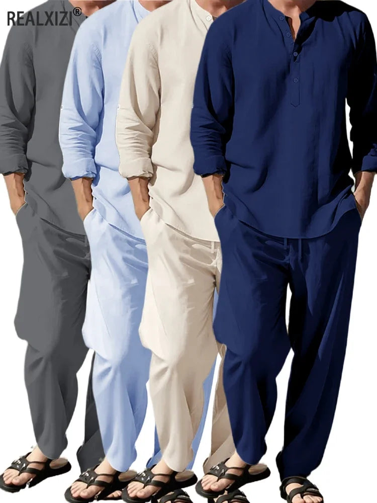 2-teiliges Hemd-Hosen-Set, langärmeliges Henry-Hemd, Hosenanzug, Sinn für Textur, Urlaub, leicht, atmungsaktiv, drapiert, Herrenbekleidung