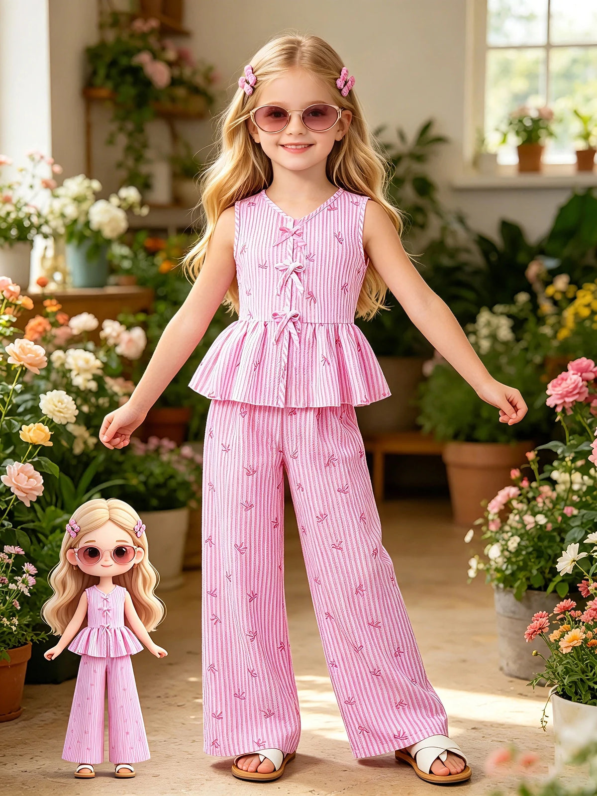 2-teiliges Sommer-Outfit-Set für Kinder und Mädchen, rosa, gestreift, mit Schleifenmuster, ärmelloses Peplum-Oberteil mit Bindedetail vorne und elastischer hoher Taille