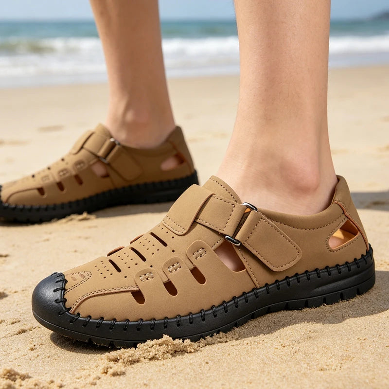 Herren Sommer-Halbschuhe aus Leder mit Lochmuster, atmungsaktiv, bequem, rutschfest, weiche Sohle, Outdoor-Freizeitschuhe - 1375