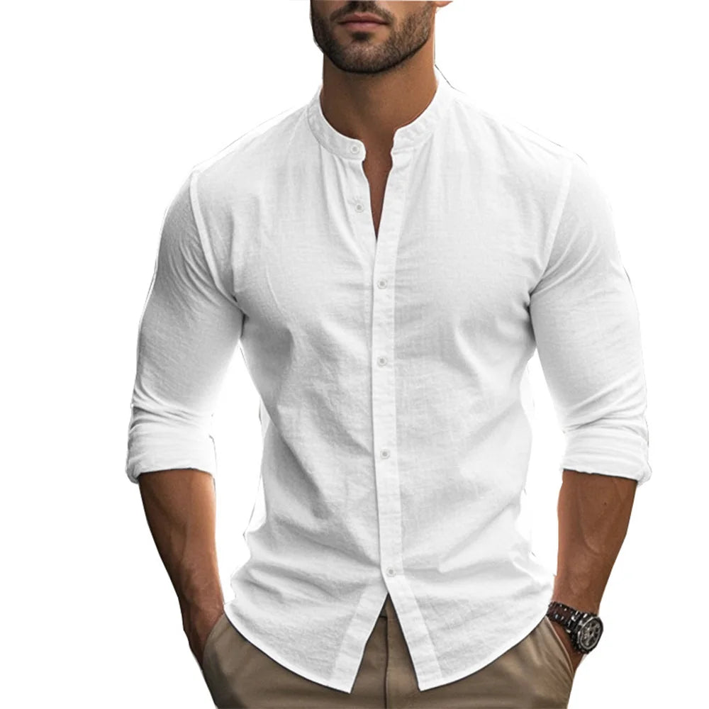 Henry-Hemden für Herren, Baumwolle, Leinen, schmale Passform, kausal, hawaiianisch, einfarbig, Basic-Stil, Frühling und Sommer, atmungsaktive Herrenbekleidung
