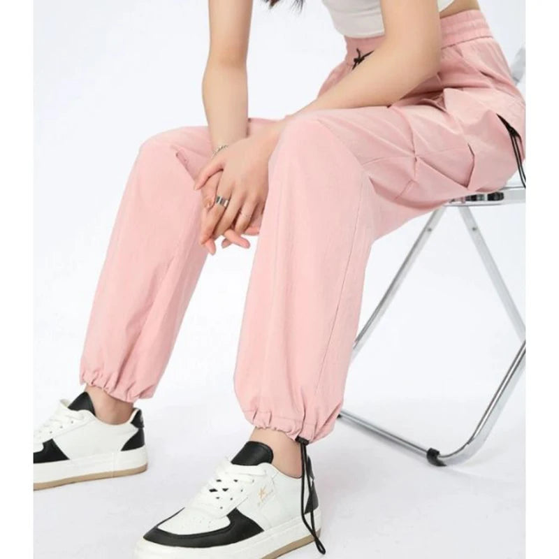 Große Größe Weibliche High Street Cargo Hosen Dame Baggy Hohe Taille Gerade Bein Hosen Mädchen Klassische Mode Kordelzug Hosen