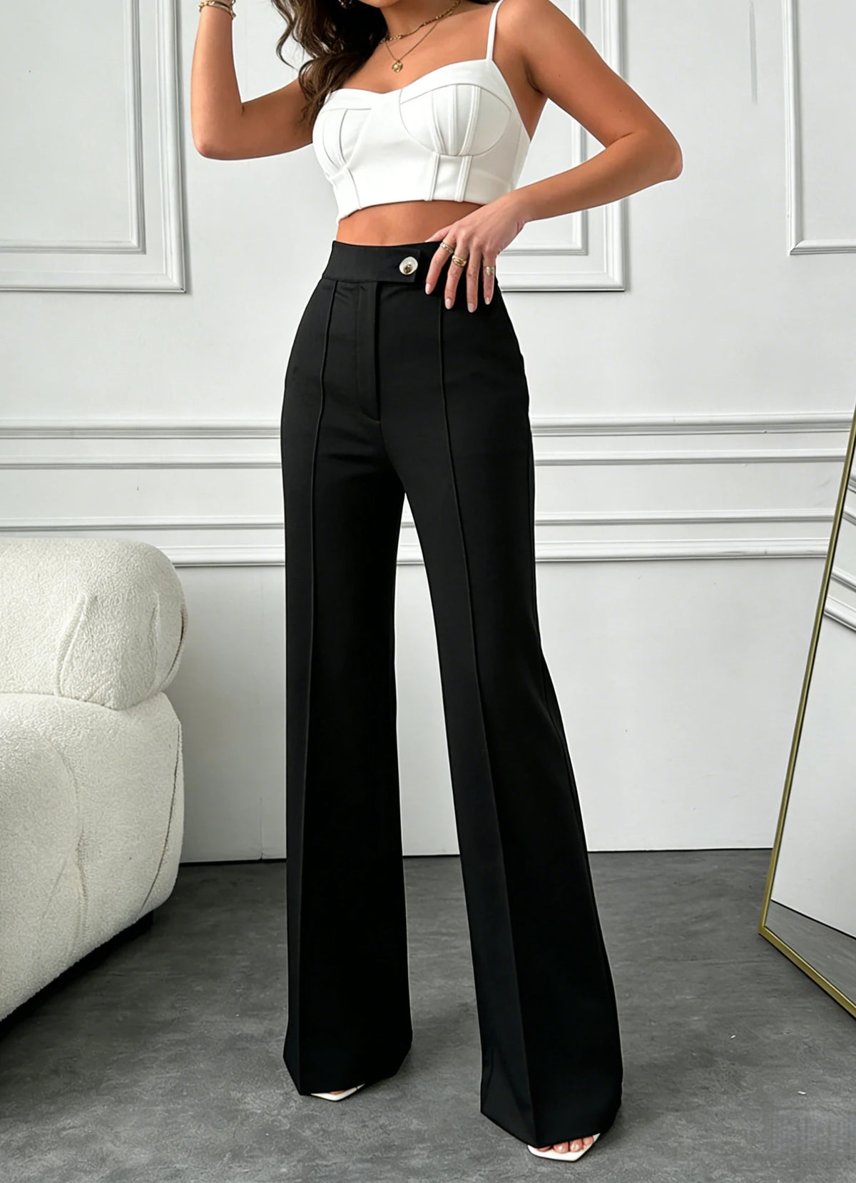 Damen Schwarze Gerade Hose mit Hoher Taille, Vorderer Knopfverschluss, Frühling Sommer Büro Casual Pendler Mode Hosen