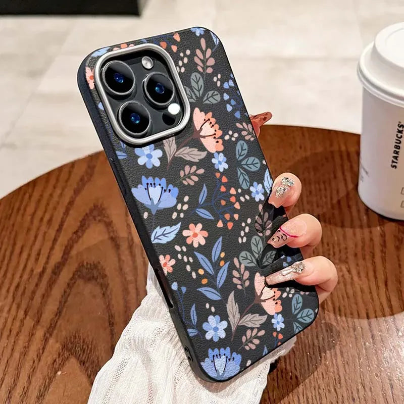 Blumendruck Luxus milchig weiß Lichee Muster Handyhülle für iPhone 17 16 15 14 13 12 11 Pro Max XS XR 7 8 Plus 16e Cover Funda