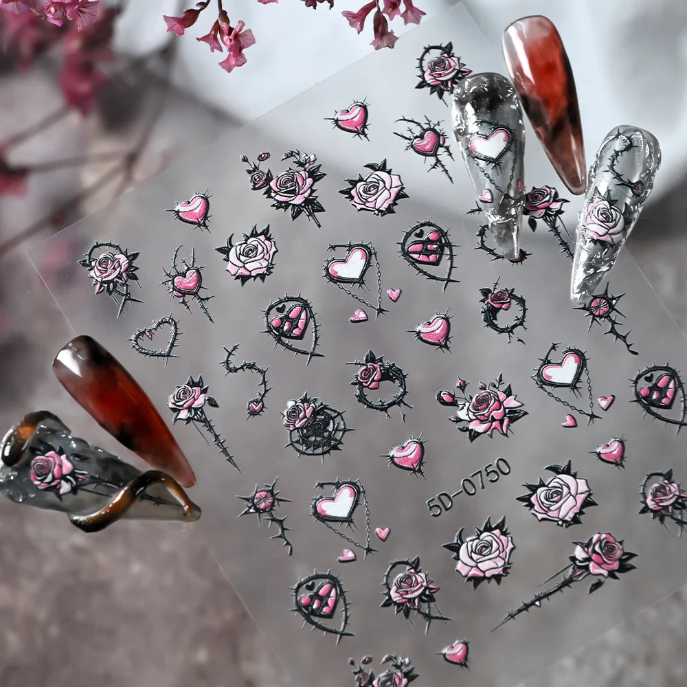 1 Stück Dunkle Sexy 5D Geprägte Dornen-Rosen-Nagelaufkleber Selbstklebende Gotische Rosa Rosen-Herz-Liebe Nagelsticker Y2K Punk Maniküre-Deko