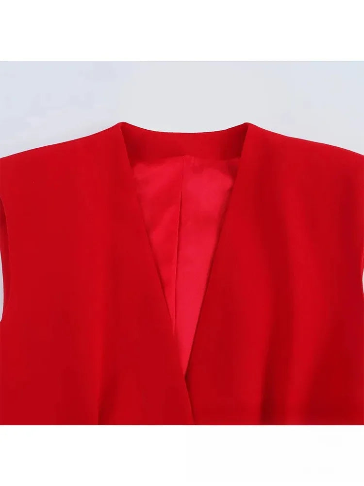 KONDALA Büro Dame Chic Rote Weste Blazer Anzug V-ausschnitt Schärpen Ärmellose Blazer Hohe Taille Breite Bein Hosen Mode 2025, Sommer Sets