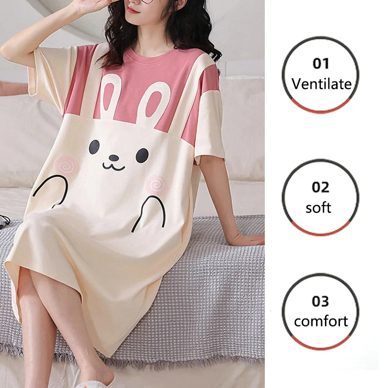 Frauen Große Größe Pyjamas Kurzarm Nachthemd Cartoon Bär 5xl Lange Student Robe Rabbitlong Rock Loungewear Mädchen Kleid