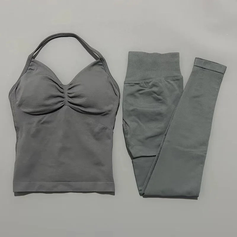 HISTELLO Gym-Leggings-Set, 2-teilig, für Damen, Yoga, lang, mit Trägern, nahtlos, Fitness-Kleidung, Laufen, Workout, Sport-Tops, Outfit