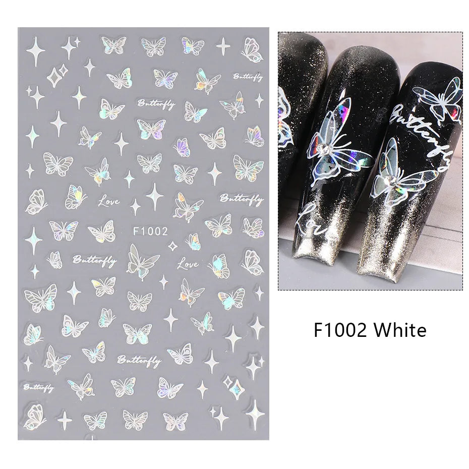 1PCS Schwarz Weiß Schmetterling Laser Nagel Aufkleber Y2K Nail art Dekoration Abstrakte Linien Bronzing Blumen Aufkleber Für Nägel