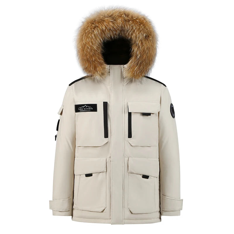 -30 Grad Daunenparkas für Herren, winddicht, mit Kapuze, verdickt, mehrere Taschen, Daunenmantel, lässig, modisch, dick, warm, besticktes Design, Parka