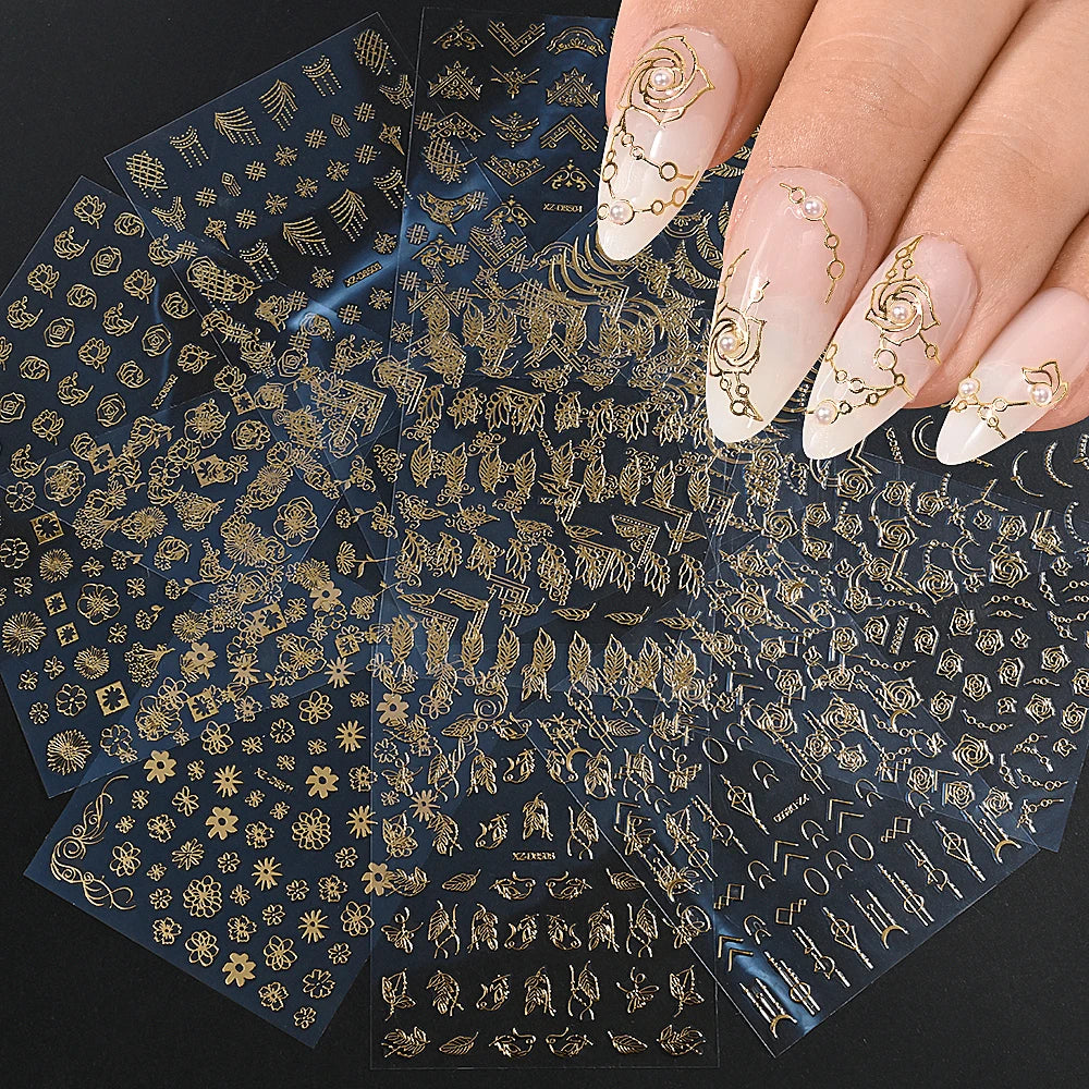 1 Blatt 3D Blattgold Blume Nail Art Aufkleber Blumenstrauß Blütenblatt Retro Nagelaufkleber Selbstklebende Blüte Charmante Maniküre Schieber