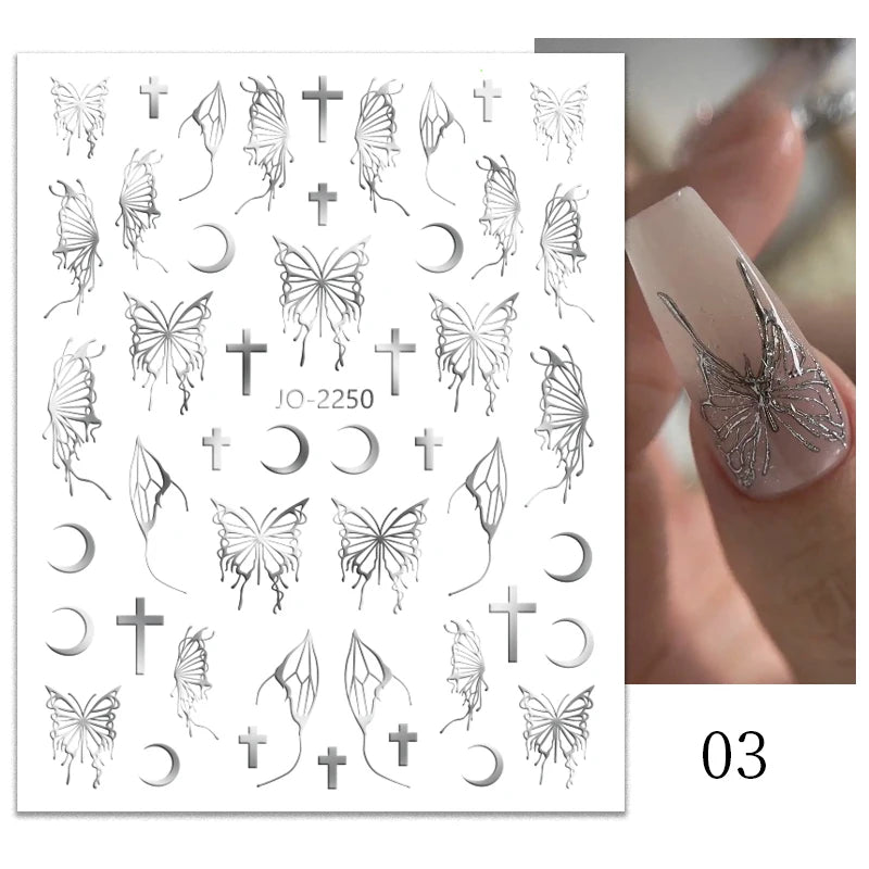 1PCS Schwarz Weiß Schmetterling Laser Nagel Aufkleber Y2K Nail art Dekoration Abstrakte Linien Bronzing Blumen Aufkleber Für Nägel