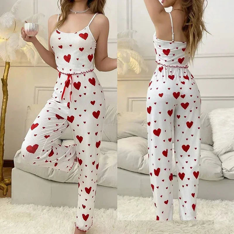 Frauen Nachtwäsche Herbst Winter Pyjamas Sets Herz Druck Ärmellose Cami Weste mit Lange Hosen Hosen Set Sexy Dessous Pyjamas