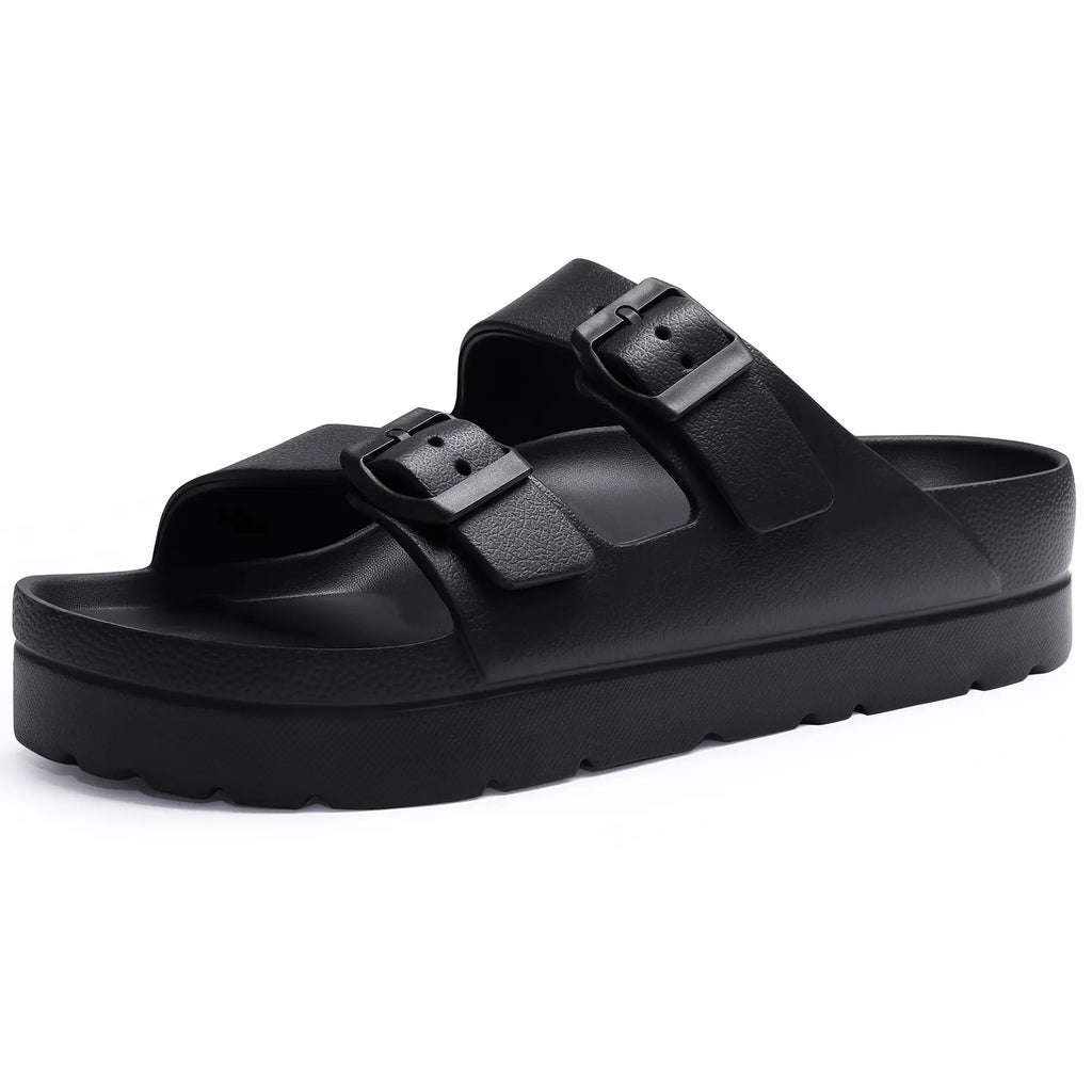 Comwarm Damen-Plateausandalen mit Fußgewölbeunterstützung, Sommer-Strand-Slipper, dicke Sohlen, flache Slip-On-Sandalen mit verstellbarer Schnalle