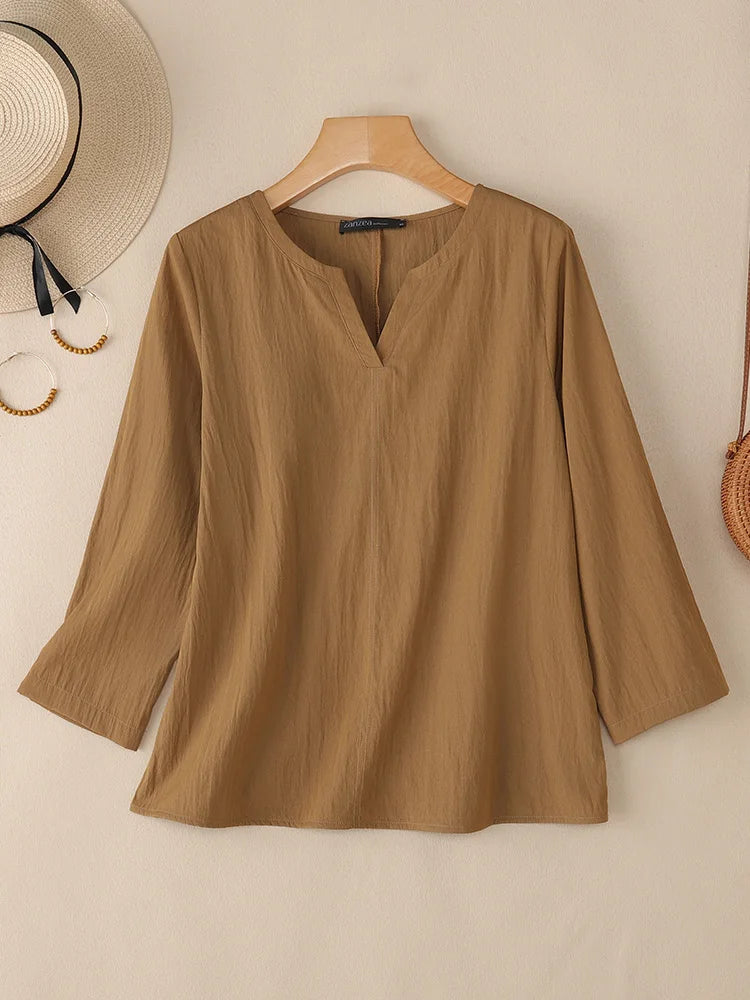 2025ZANZEA Herbst Bluse Frauen V-ausschnitt Langarm Tops Casual Solide Lose Hemd Weibliche OL Arbeit Blusen Retro Tunika Blusas Mujer