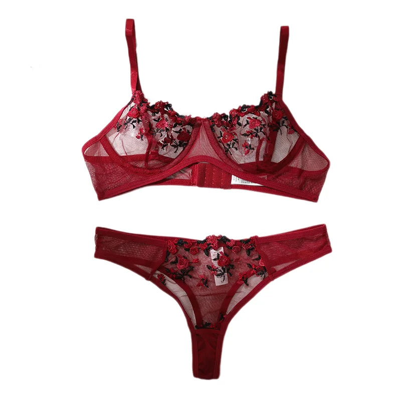 Weinrote transparente Dessous Stickerei Blümchen zweiteilige Frau Push-Up lüften Unterwäsche G-String Sexy BH Set erotisches Kostüm