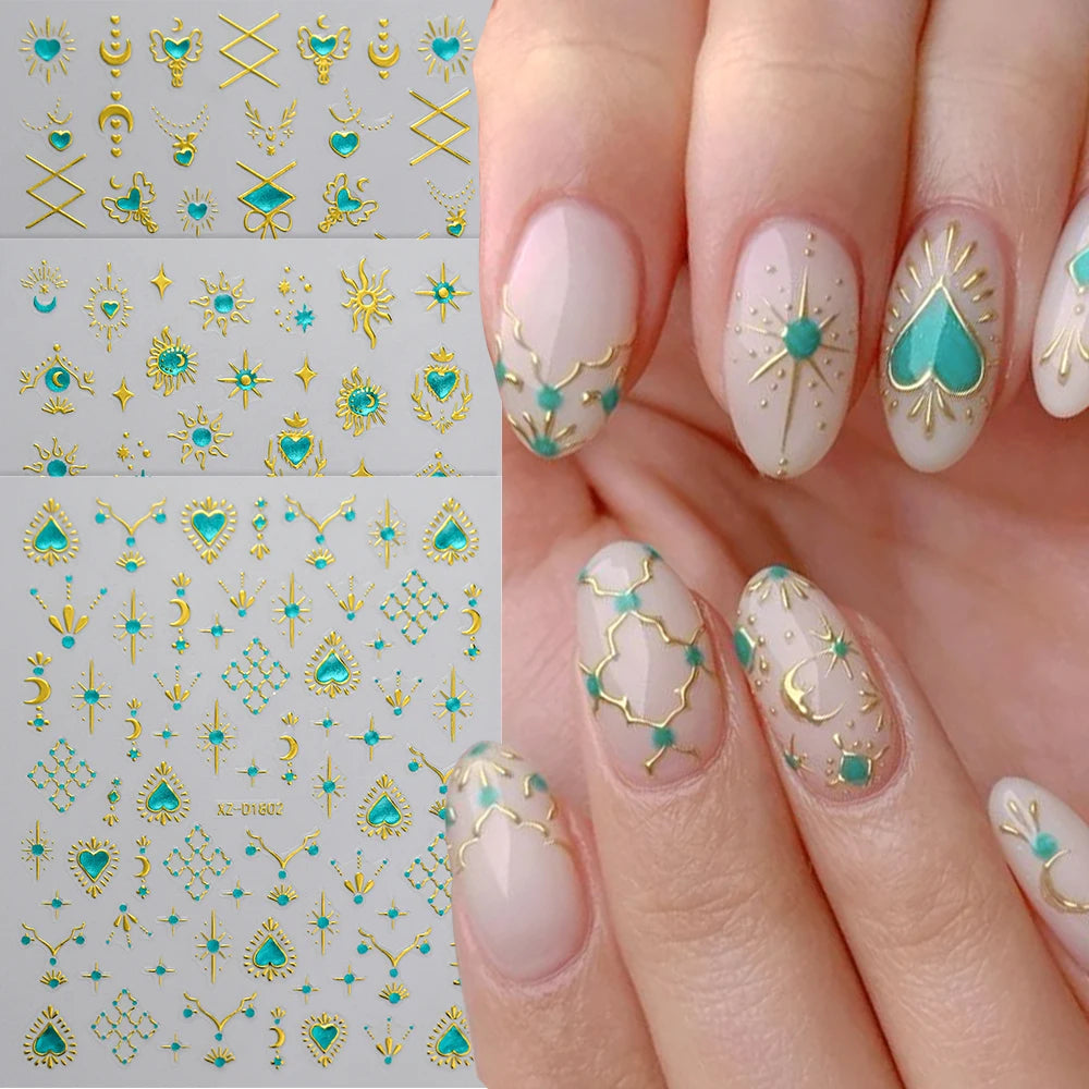6 Stück 3D Blaue Herz-Nagelaufkleber Bronzierte Gold Silber Stern Mond Sonne Selbstklebende Slider Y2K Nagelkunst Abziehbilder Maniküre Dekoration