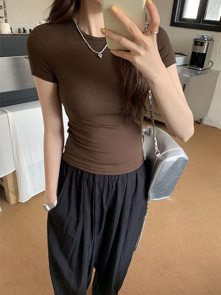 Damen Basic Solid Crop Top Kurzarm Rundhals Skinny T-Shirt Sommer Casual Y2K Vintage Harajuku Streetwear