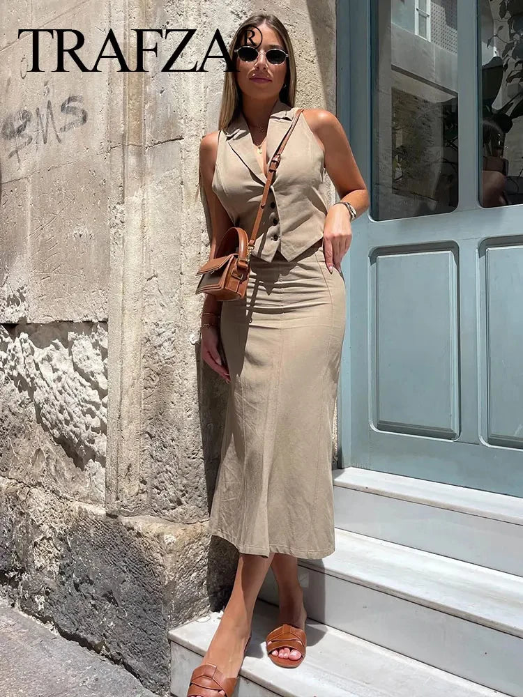 HH Frauen Solide Weste Rock Sets Zurück Spitze Einreiher Westen Top Seite Zipper Schlank Midi Röcke Mode High Street outfit