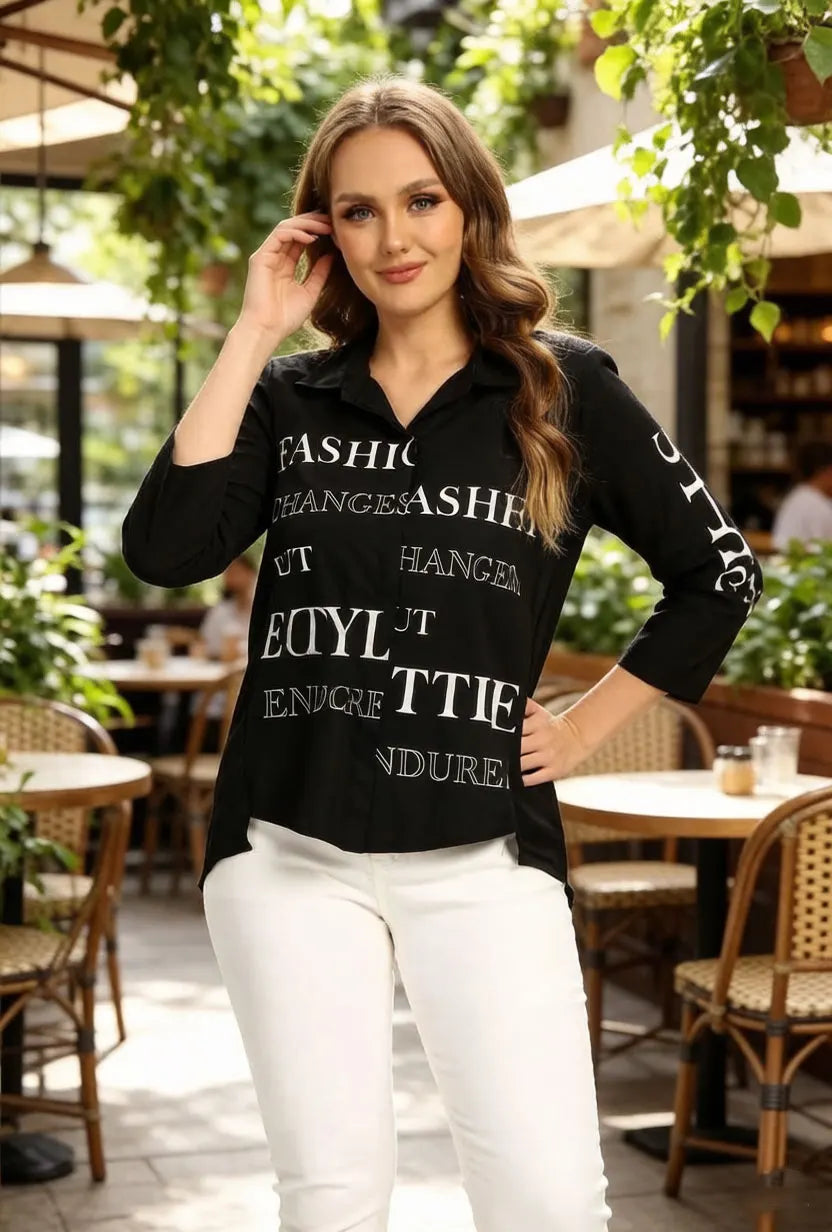 Damen Oversize-Bluse mit Buchstabenprint, schwarzes Revers-Langarmhemd mit Knopfleiste, lockeres, elegantes Oberteil