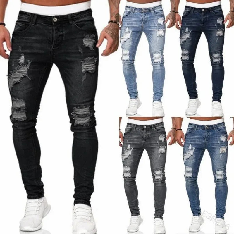 2024New Ripped Skinny Jeans Männer Vintage Waschen Elastische Biker Löcher Denim Hosen Beiläufige Dünne Jogger Hosen Distressed Streetwear