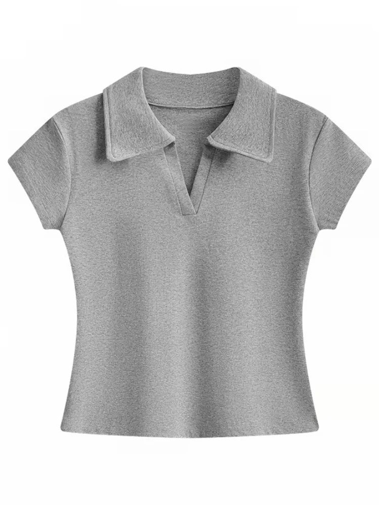 Minimalistisches Vielseitiges Casual-Oberteil 2026 Sommer Neu Einfarbig Gerippter Polokragen Damen T-Shirt Koreanischer Stil Schlankes Kurzarm-Shirt