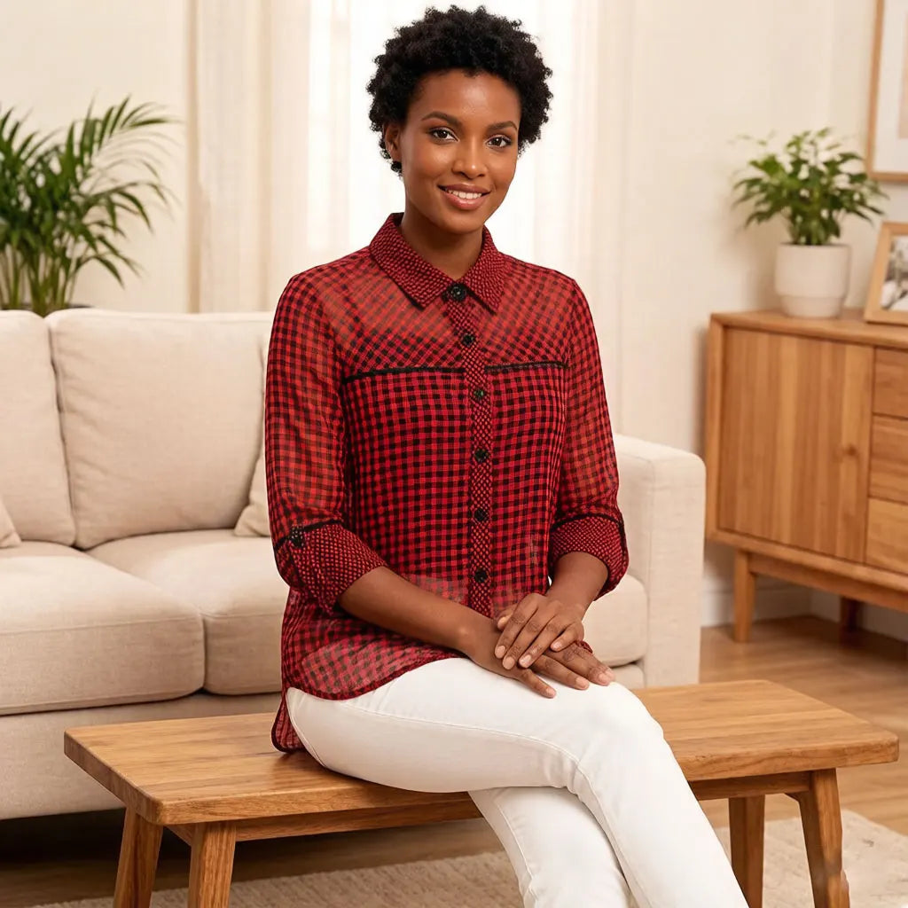 Damen Bluse mit rotem und schwarzem Karomuster, Vichy-Gingham-Mesh-Splicing-Hemd, langärmliges Chiffon-Oberteil mit kontrastierendem Besatz, lockere Passform, lässig, Sommer