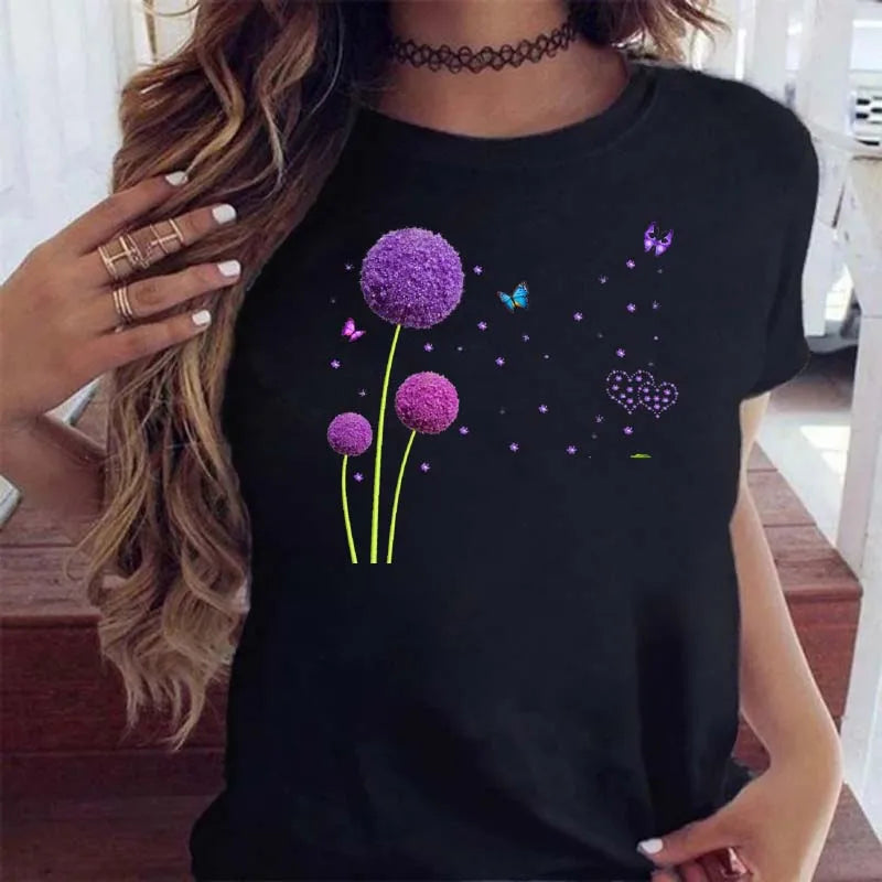 Neue Löwenzahn gedruckt Frauen T-Shirt Cartoon Grafik gedruckt schwarz Damen T-Shirt lässig Frau Shirt lustige T-Shirts