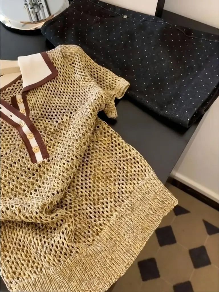 Vintage 2000er Jahre Glänzendes Strick-Kurzarmshirt Damen Polokragen Sommer-Tops Braun Ausgehöhltes Strickoberteil Damenbekleidung Lässiges T-Shirt
