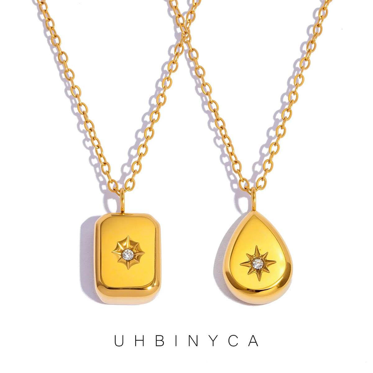 Exquisite Briolette- und quadratische Anhänger-Halskette für Damen |   Hypoallergene, 18 Karat vergoldete Kette aus poliertem Edelstahl
