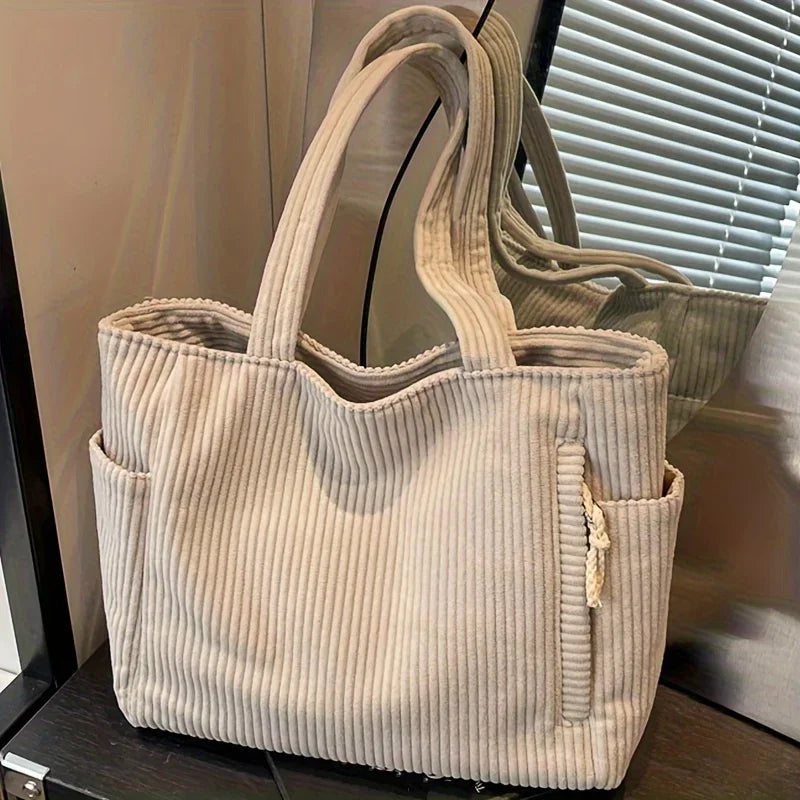 Cord-Tragetasche mit Reißverschluss, leicht und großes Fassungsvermögen, fester Schultergurt, einfarbig, tägliche Pendler-Handtasche