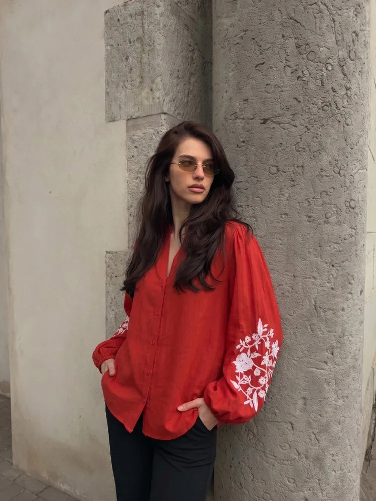 HH Damen Mode Bluse mit Blumenstickerei, Lässiger V-Ausschnitt, Langarm-Shirt, Streetwear, Rote Oberteile, Y2K-Top