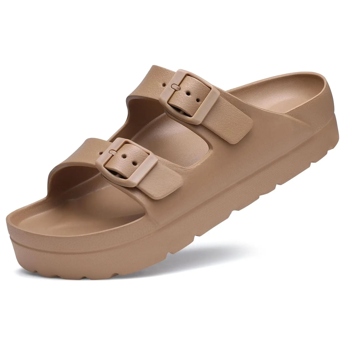 Comwarm Damen-Plateausandalen mit Fußgewölbeunterstützung, Sommer-Strand-Slipper, dicke Sohlen, flache Slip-On-Sandalen mit verstellbarer Schnalle