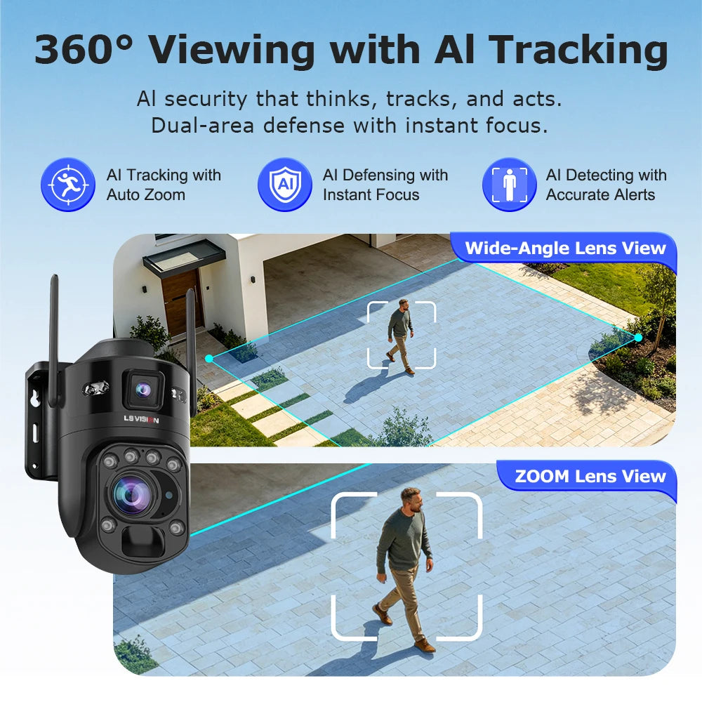 LS VISION 36X Optischer Zoom Außen-Solarkamera WiFi/4G 24/7 Videoaufzeichnung Doppelbildschirme AOV & PIR WLAN-Sicherheitskamera CCTV IP66